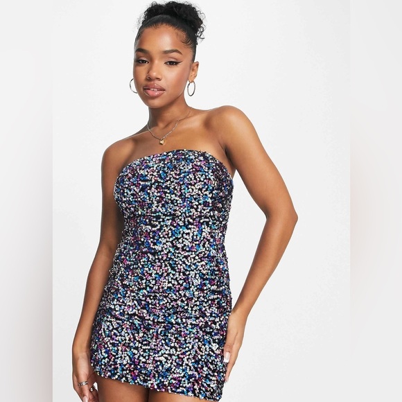 Pull and Bear Night out Multicolor Sequin Strapless Mini Dress - Picture 1 of 9